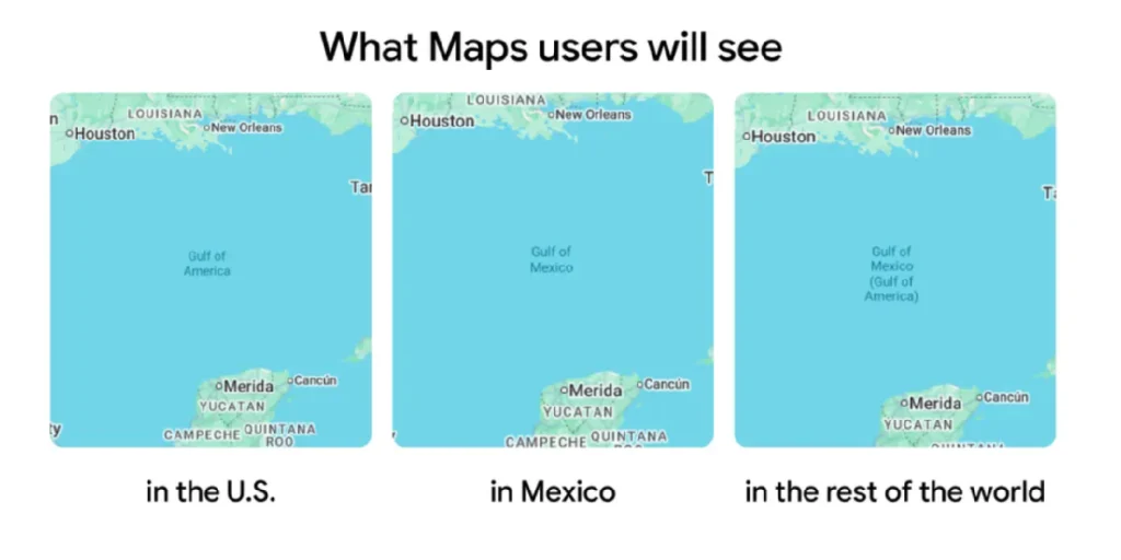 تغییر نام «خلیج مکزیک» به تغییر نام خلیج مکزیک به خلیج آمریکا در گوگل مپس باعث واکنش‌هایی در سطح جهانی شد.
